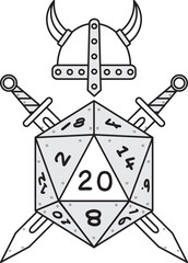 Dice d20 for playing Dnd. Dungeon and dragons board game. Treasures, paladin sword. 