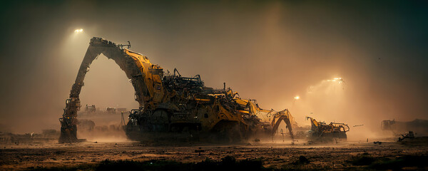 mining operation in the desert, futuristic excavator in the sandstorm, dystopic mood, construction machine as wallpaper panorama background