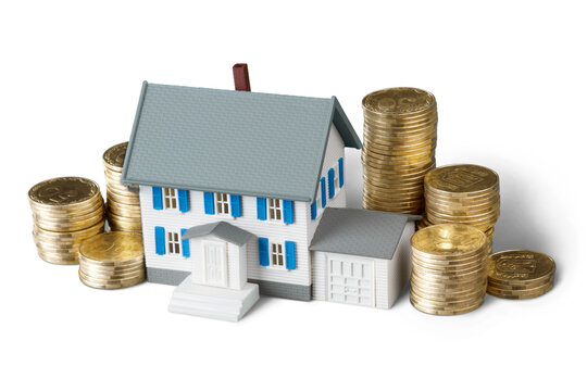 Model of a House with Stacks of a Gold Coins - Isolated