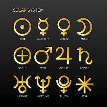 Solar system zodiac horoscope astrological thin line label linear design esoteric stylized elements symbols signs. Vector illustration icons