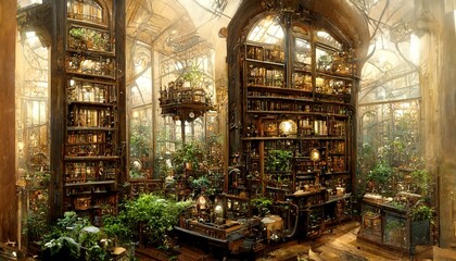Obraz premium Botanical garden Fantasy library with hundreds of books 