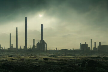 Fototapeta na wymiar power station, pollution, power plant in sandstorm in dystopic world, dark mood