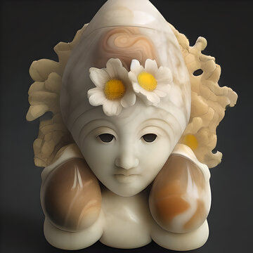 A 3d rendering of a marble netsuke statuette of a woman with flowers and gems on her head. Statue/sculpture