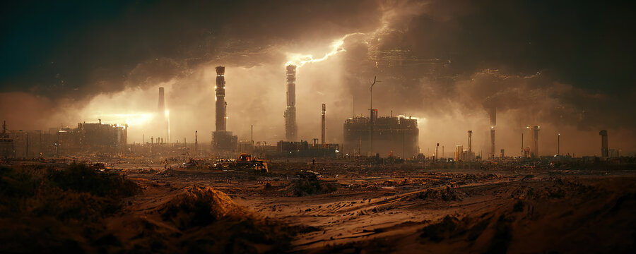 power station, pollution, power plant in sandstorm in dystopic world, dark mood