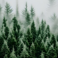 Green Pine Trees Covered With Fogs Under White Sky during Daytime - obrazy, fototapety, plakaty