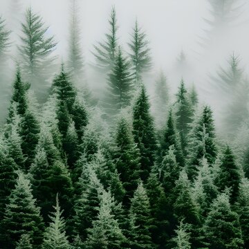 Green Pine Trees Covered With Fogs Under White Sky During Daytime