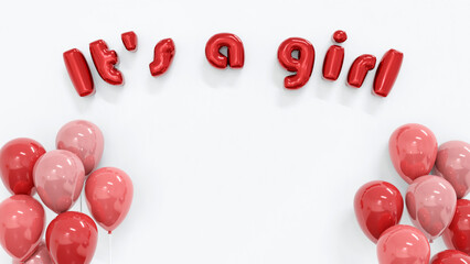3D illustration rendering. Red foil ballon with the message It's a girl decorating with red and pink air balloons. Shower baby party and birthday celebration concept. 