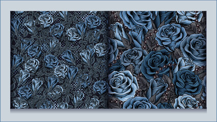 Set of blue camouflage patterns with roses roses, gray leaves, round halftone shapes, chains. Dense composition with random overlapping elements. Good for female apparel, fabric, textile, sport goods.