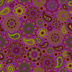 Seamless floral pattern, hand drawn, vector. Boho style ornamental pattern, fashionable, colourful pattern, green, red, yellow, magenta background.