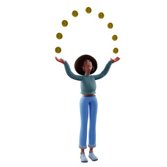 3D illustration. Rich Afro Girl 3D Cartoon Character juggling gold coins. in a strange pose. shows a happy mood. 3D Cartoon Character