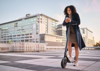 Black woman, electric scooter and smartphone in city, for communication and outdoor to connect. Travel, female and girl with cellphone for chatting, social media and browse online to search internet. - obrazy, fototapety, plakaty