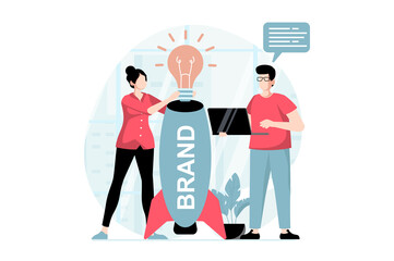 Branding team concept with people scene in flat design. Man and woman creating new ideas and corporate Identity for company, launching startup. Illustration with character situation for web