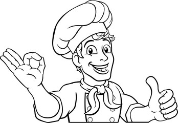 A chef cook or baker man cartoon character giving a thumbs up and perfect okay chefs hand sign. Peeking over a background sign.