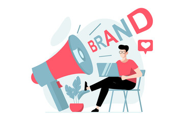 Branding team concept with people scene in flat design. Man promoting new brand and makes advertising campaign, using digital marketing tools. Illustration with character situation for web