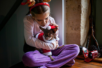 A young girl holds cute little dog in red hat in her arms and looks out the window waiting for miracle from Santa, Christmas tradition and celebration at home, magic time