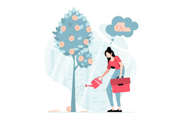 Business making concept with people scene in flat design. Businesswoman watering money tree, investing money in companies and increasing income. Illustration with character situation for web