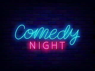 Comedy night neon lettering on brick wall. Comedian show. Comic evening performance. Vector stock illustration