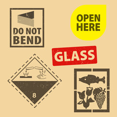 Set of fragile sticker  and case glass icon packaging symbols sign, open here and do not bend rubber stamp on cardboard background. Use on package.