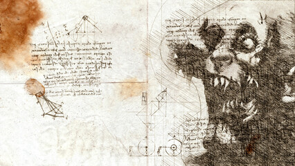 3d illustration - womans angel  of death drawing in style of Leonardo Da Vinci	