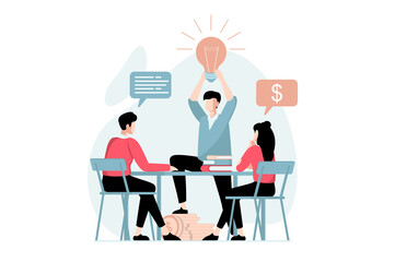 Fototapeta na wymiar Business making concept with people scene in flat design. Colleagues generate new ideas and solutions on brainstorming meeting in conference room. Illustration with character situation for web