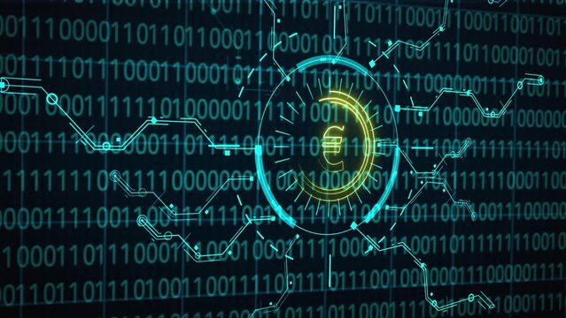 Cyberspace euro coin for pay network technology in digital data. Internet money payment concept animation video.
