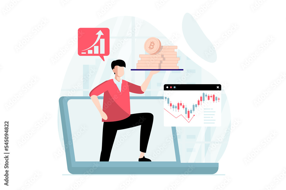 Poster Cryptocurrency mining concept with people scene in flat design. Man miner mines bitcoin coins using laptop and analyzes exchange data for selling. Illustration with character situation for web
