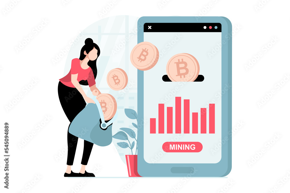Aufkleber Cryptocurrency mining concept with people scene in flat design. Woman mines bitcoins for sale on marketplaces using digital wallet in mobile app. Illustration with character situation for web