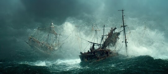Kraken attack the ship. Storm. Wave. Fantasy scenery.