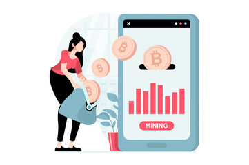 Cryptocurrency mining concept with people scene in flat design. Woman mines bitcoins for sale on marketplaces using digital wallet in mobile app. Illustration with character situation for web