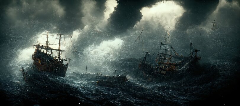 Kraken attack the ship. Storm. Wave. Fantasy scenery.