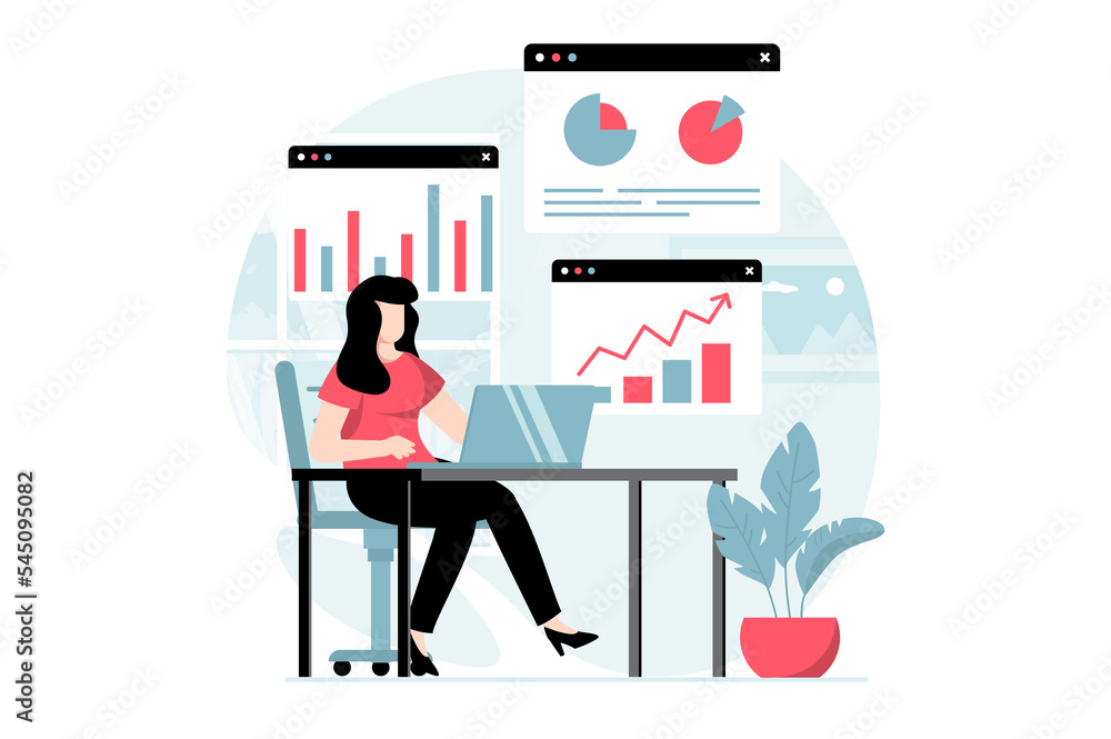 Aufkleber Data analysis concept with people scene in flat design. Woman researching statistics in diagrams and graphs, works with information on screens. Illustration with character situation for web