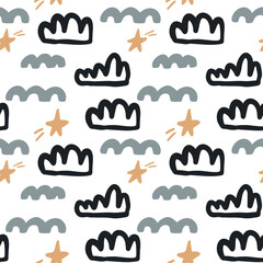 Seamless pattern abstract shape cloud star. Baby Shower Scandinavian pastel wallpaper. Textile fabric design for kids. Flat bohemian vector neutral background paper