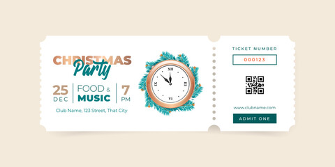 Christmas Party ticket template. Illustration of a gold clock decorated with fir tree branches on a white background. Vector 10 EPS. - obrazy, fototapety, plakaty