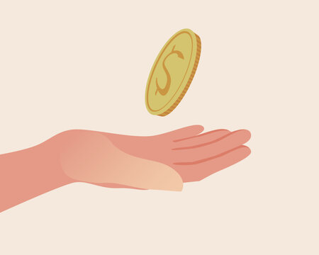 Hand with palm flips coin dollar isolated as concept heads or tails, flat vector stock illustration for design