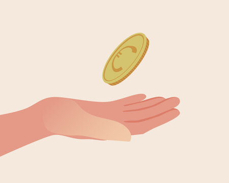 Hand with palm flips euro coin isolated as concept heads or tails, flat vector stock illustration for design