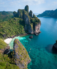 Aerial view of Nui beach in koh Phi Phi Don island, in Krabi, Thailand
