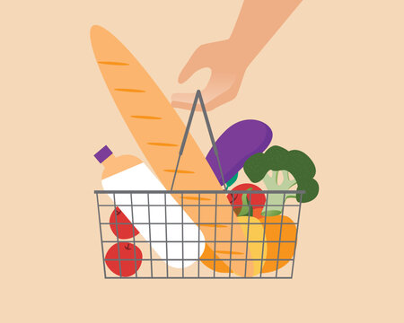 Supermarket basket in hand, flat vector stock food illustration isolated