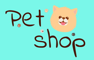 Logo, banner, sticker, icon for pet shop with happy dog and paws