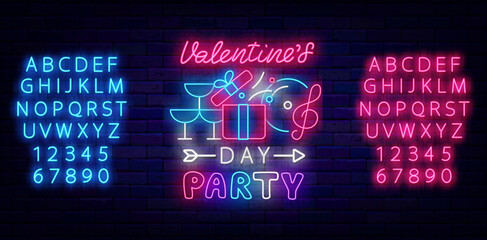 Valentines Day party neon signboard. February season celebration. Night club event. Vector stock illustration