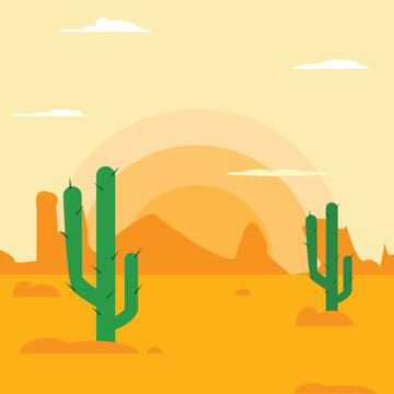 desert with cactuses landscape illustration sunset flat vector.