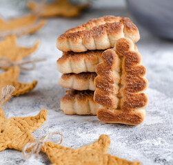 Freah shortbread cookies in a form of Christmas tree. Delicious Christmas bakery.