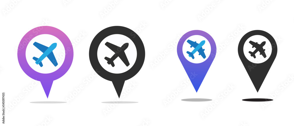 Poster plane map pin pointer marker icon as airport location point graphic vector illustrated, airplane fly