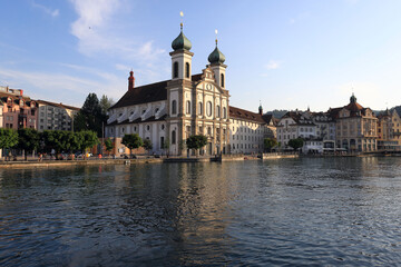 Fototapeta na wymiar The view of the Jesuit Church St. Francis Cavier, on the shore of lake Lucerne, in Lucerne.