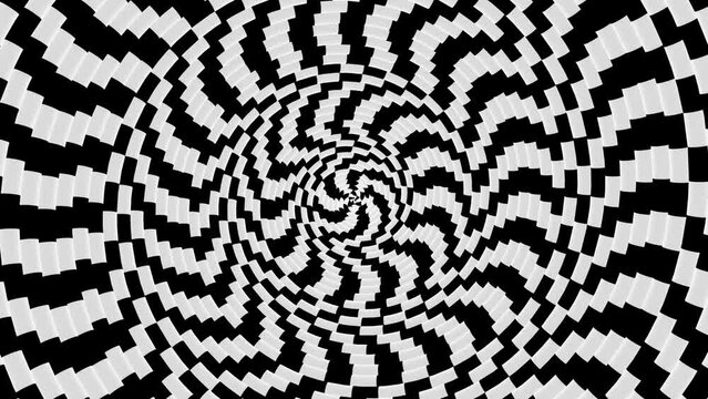 Complex Spires Black and White Optical Illusion, geometric monochrome Op Art rotating rectangle spires forming hypnotic patterns background loop - 4K Seamless VJ Loop Motion Animation
