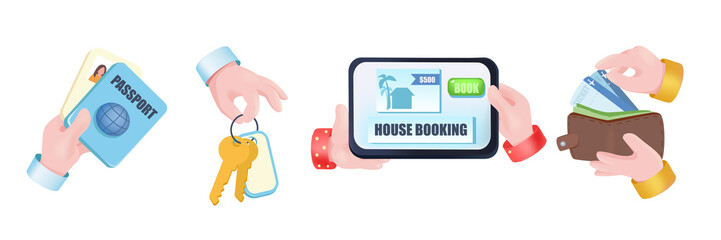 House booking graphic concept hands set. Human hands holding tablet with real estate rental website, passport, apartment keys, pay for room at hotel. Illustration with 3d realistic objects