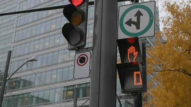 Traffic Lights And Flashing Upraised Hand Signal, symbolizing STOP, Dont Walk With Its Countdown Timer. - close up