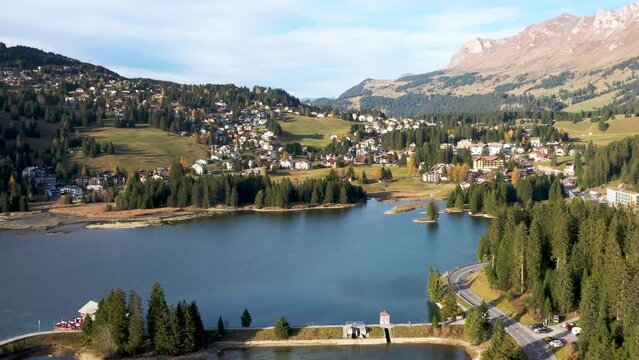 establishing shot of the famous village of Valbella, Switzerland 