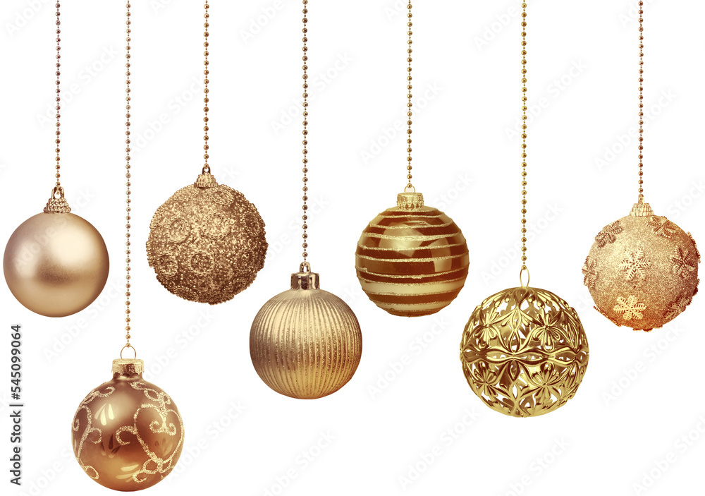 Wall mural seven golden decoration christmas balls collection hanging isolated