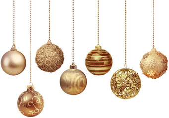 Seven golden decoration Christmas balls collection hanging isolated - obrazy, fototapety, plakaty