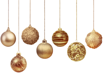 Seven golden decoration Christmas balls collection hanging isolated